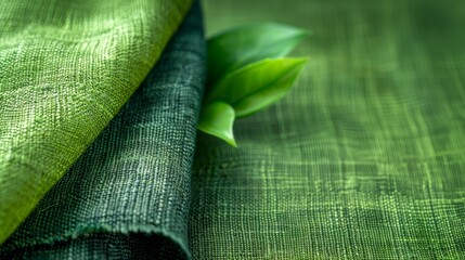  A tight shot of two green leaves, one on each side One leaf is positioned to the left, attached to a green cloth on the left The other leaf rests atop a similar