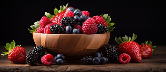 Poster - A variety of fresh and ripe berries are displayed in a wooden bowl on a black table with a top down perspective The arrangement provides ample space for accompanying text