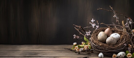 Aufkleber - Easter background with eggs nest and catkins on old wooden background copy space