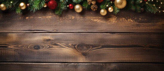 Poster - A vintage style Christmas border with copy space featuring decorations on an old wood background