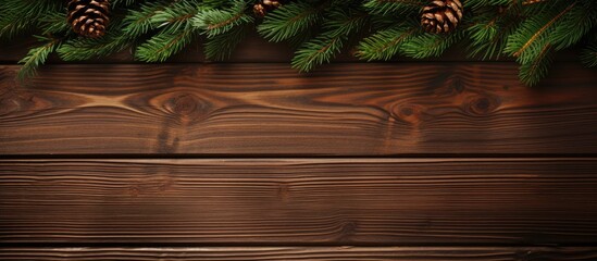 Poster - green spruce branch with Christmas decor on a brown wood background empty space. copy space available