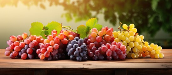 Poster - Different fresh ripe juicy grapes and space for text on wooden table top view. copy space available