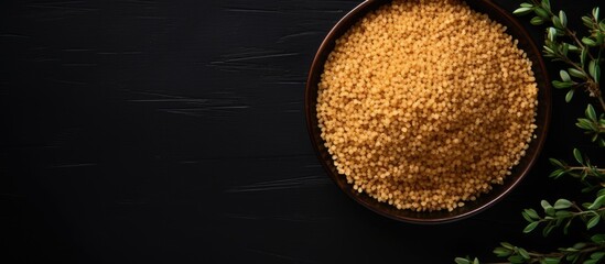 Aufkleber - Bulgur wheat in a black plate on black background Top view copy space Flat lay