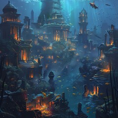 Wall Mural - Illustrate an underwater city built within a vibrant coral reef, home to merfolk and other aquatic beings game art