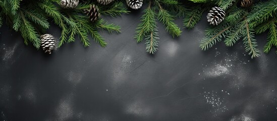 Wall Mural - Top view of a Christmas frame created with Xmas tree branches on a grey background This flat lay shot provides ample space for text