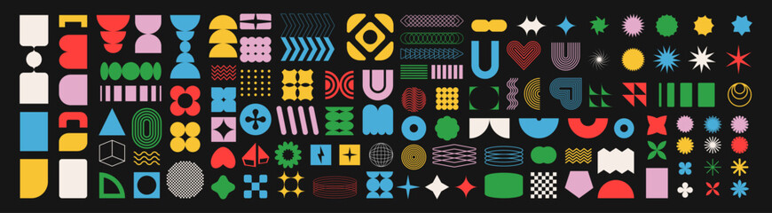 Fototapete - Mega geometric and abstract shapes collection. Abstract symbols set. Set of geometric brutalism shapes. Figures, stars, spiral flower and circles