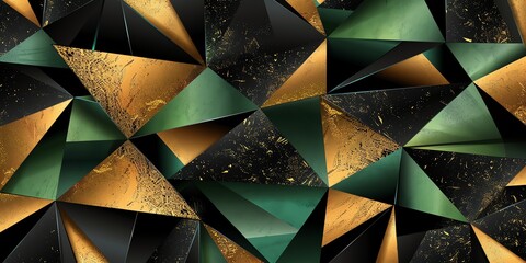 Regular black, gold and green three-dimensional striped background, triangle/rectangle, black backgroundaspect ratio 2:1, for banner, landing page, website