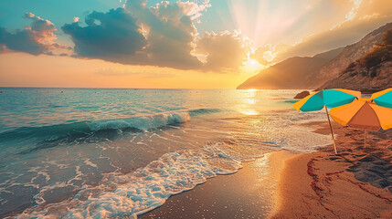 Wall Mural - A tranquil, sun-kissed beach dotted with colorful umbrellas, where gentle waves lap against the shore beneath the golden rays of the setting sun.