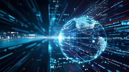 Futuristic depiction of a digital world globe centered on America, representing high-speed data transfer and international information exchange
