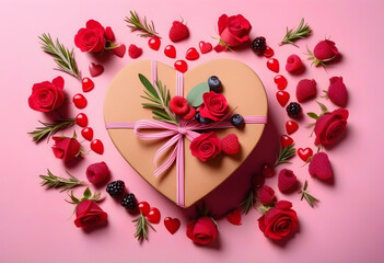 Wall Mural - A photo of a heart-shaped gift box surrounded by flowers and herbs on a pink background