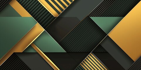 Regular black, gold and green three-dimensional striped background, triangle/rectangle, black backgroundaspect ratio 2:1, for banner, landing page, website