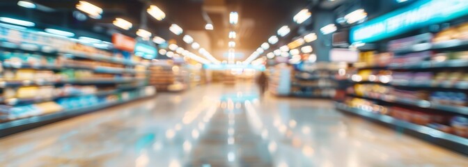 Wall Mural - Supermarket aisle background. Supermarket interior. Blurred background
