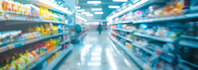Wall Mural - Supermarket aisle background. Supermarket interior. Blurred background