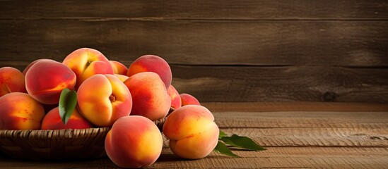 Wall Mural - Close up of peaches arranged in a basket on a wooden background with plenty of copy space for text or images