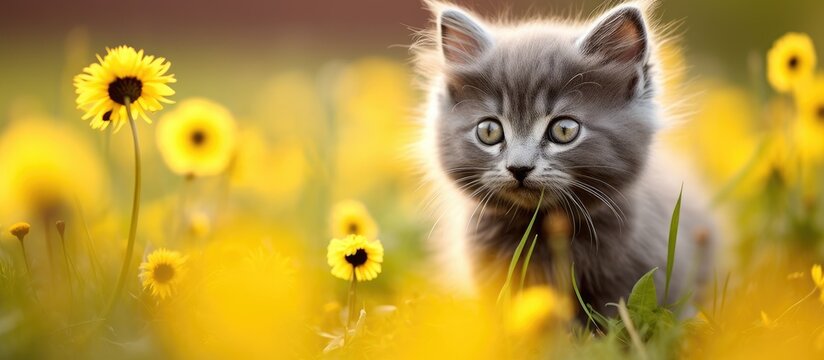 A cute gray kitten with fluffy fur walks and meows gracefully through a field of vibrant yellow dandelion flowers. Copyspace image
