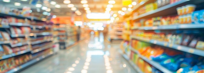 Wall Mural - Supermarket aisle background. Supermarket interior. Blurred background