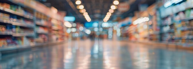 Wall Mural - Supermarket aisle background. Supermarket interior. Blurred background