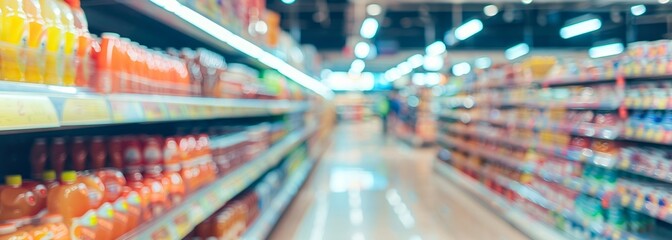 Wall Mural - Supermarket aisle background. Supermarket interior. Blurred background