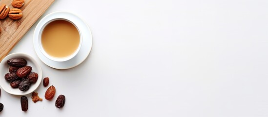 A healthy breakfast consisting of a cup of tea dried dates and milk placed on a white background The top view and flat lay provide ample copy space for additional content