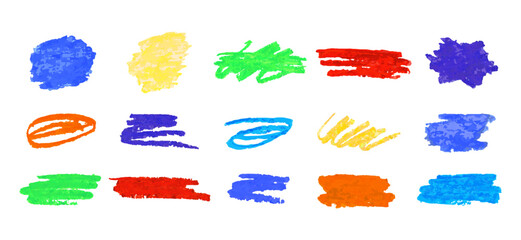 Poster - Set of colored texture stain hand drawn with oil pastels. Vector abstract graphic elements isolated on white background