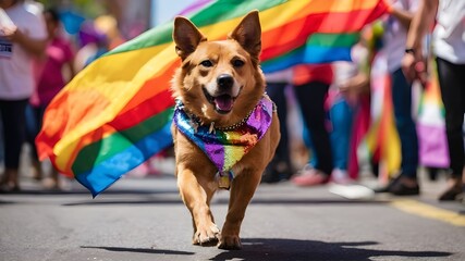 Wall Mural - A colorful and vibrant dog proudly strutting down the street during a gay pride parade, adorned with rainbow flags and glittering accessories.