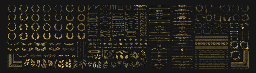 set of gold design elements. wreath, frames, calligraphic, swirls divider, laurel leaves, ornate, aw
