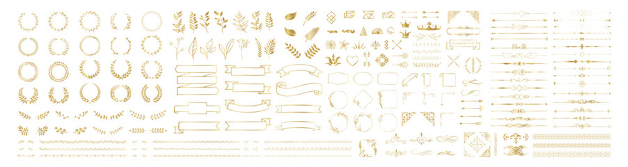 set of gold design elements. wreath, frames, calligraphic, swirls divider, laurel leaves, ornate, aw