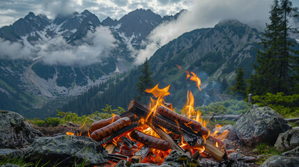 Wall Mural - Cooking sausages on a fire with mountains in the background