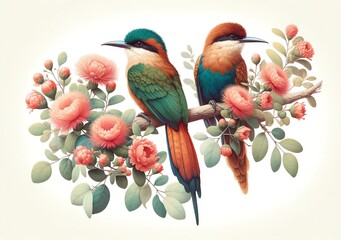 Wall Mural - Illustration of two Rufous-tailed jacamars with flowers