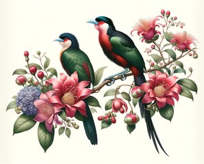 Wall Mural - Illustration of two Wattled jacanas with flowers