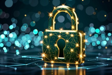 Poster - Luminous padlock over digital landscape symbolizing robust network security and data protection.