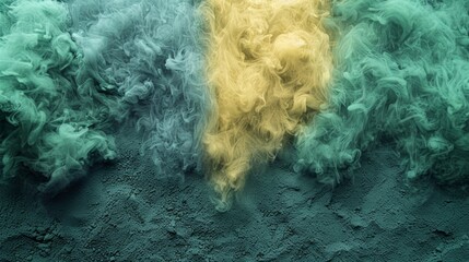Wall Mural -  A group of green and yellow smoke clusters adjacent to each other, in front of a blue and white wall A yellow and green flag is placed on the smoke's left side
