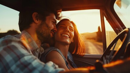 The man and woman drive a car on the sunset background. Happy Young couple driving along a country road and having fun discovering new places. vacation lifestyle concept