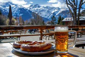 Wall Mural - Beer and Pretzel Against Mountain Backdrop