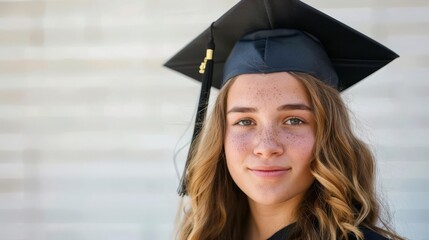 Wall Mural - Graduate in cap and gown, isolated, tight shot, vibrant lighting isolated on soft plain pastel solid background