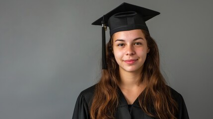 Wall Mural - Confident graduate, isolated on gray, panoramic shot, soft lighting isolated on soft plain pastel solid background
