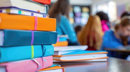 Fototapete - A close-up of a stack of colorful textbooks and notebooks on a student's desk in a classroom, symbolizing the knowledge and learning materials essential for academic success