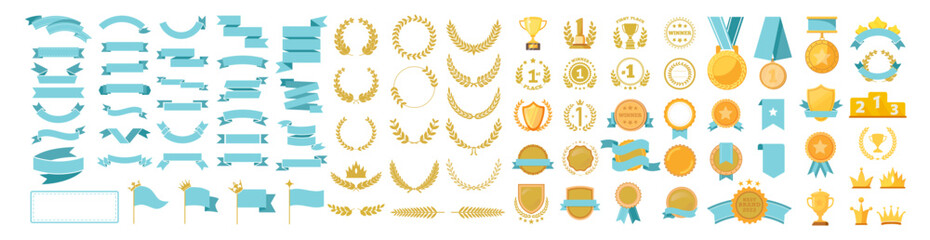 award frame set, ranking, ribbon, crown, trophy, medal, decoration, laurel, illustration, gold award