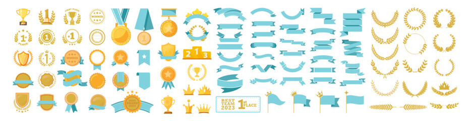 award frame set, ranking, ribbon, crown, trophy, medal, decoration, laurel, illustration, gold award