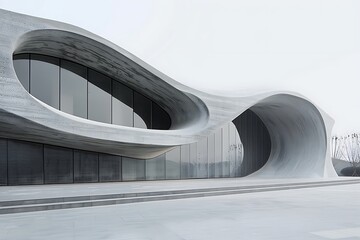 Wall Mural - A concrete building with an undulating, wave-like form, mimicking the movement of water.