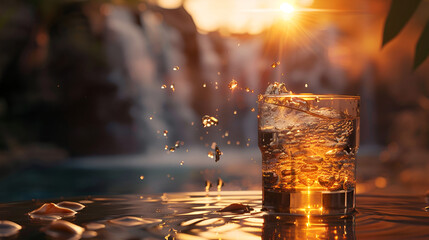 features a glass filled with a drink, placed on a wet surface with water droplets around it. In the background, there's a scenic view of a waterfall
