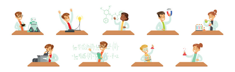 Sticker - Kid Scientist Character in Gown at Laboratory Doing Research Vector Set