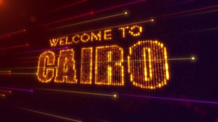 Wall Mural - Abstract Futuristic Motion Orange Purple Shiny Perspective Square Hud Mosaic Grid Of Welcome to Cairo Digital Display Text Reveal With Dotted Lines Light Flare, Seamless Loop