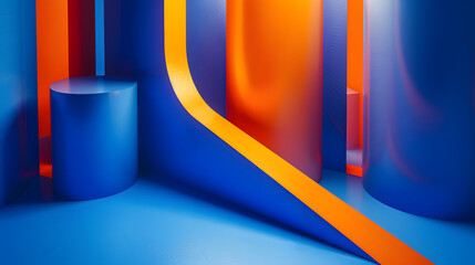 Dynamic blue shapes composition with orange lines background. Generative AI.