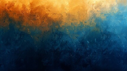 Poster -  A blue, yellow, and orange abstract painting on a dark backdrop, framed by a white border above and below