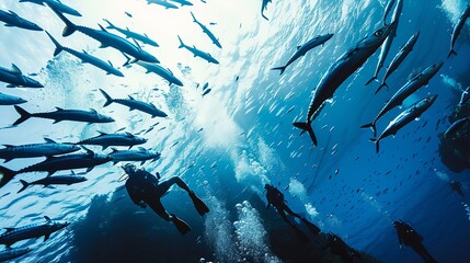 Wall Mural - School barracuda fish and scuba divers