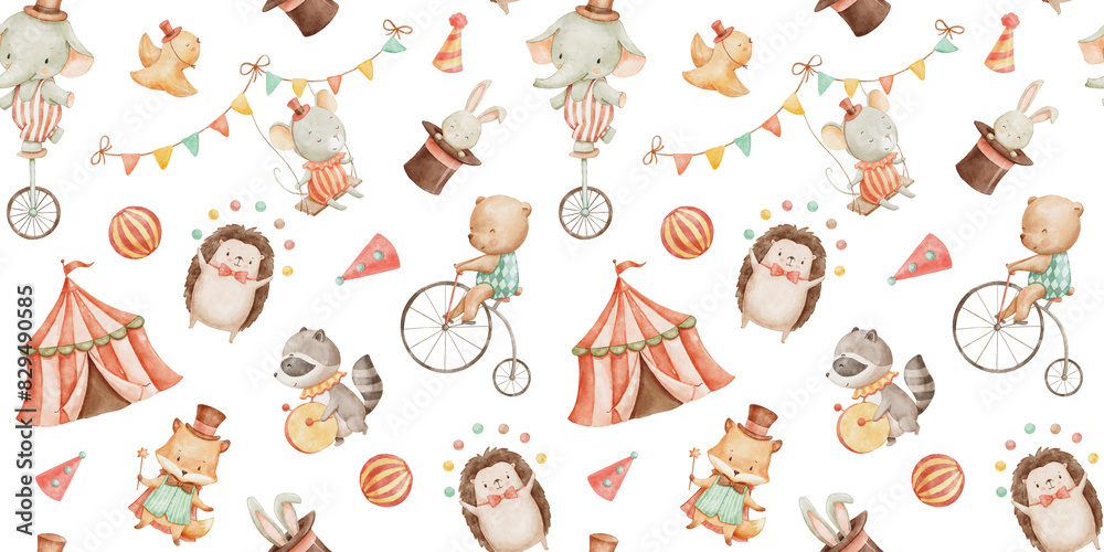 Seamless pattern with watercolor circus cute animals on white ...