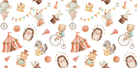 Seamless pattern with watercolor circus cute animals on white background. Hand drawn repeat backdrop for nursery, kids and baby.