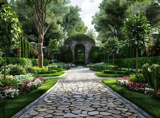 Canvas Print - Stone Path Through a Lush Green Garden