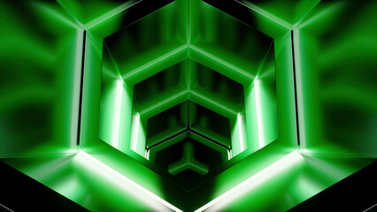 Poster - 3D animation of a science fiction industrial alien architecture interior. Design. Neon interior of an alien space ship.